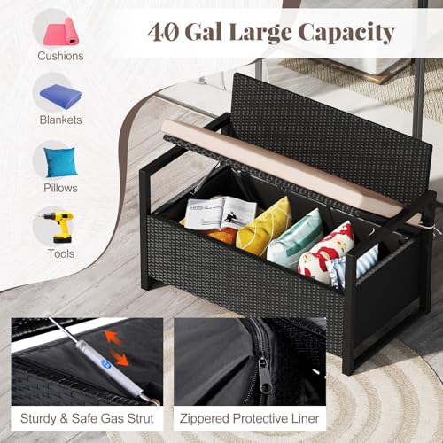 Image of Tangkula 40 Gallon Outdoor Bench with Storage, Patio Wicker Storage Bench with Cushion, Cover, Metal Frame, Deck Box Seat for Backyard, Poolside, Balcony, Garden