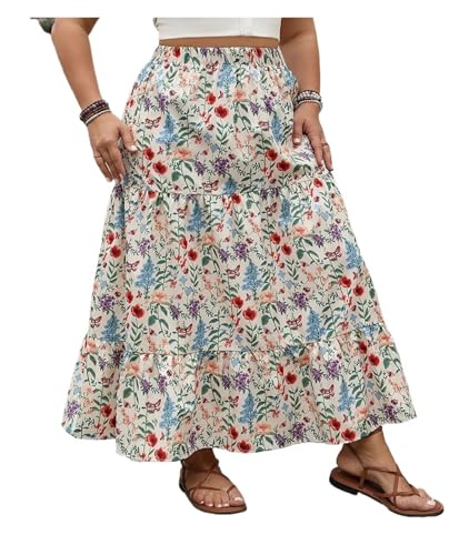 Chiffon Skirt Plus Size Floral Print Sweet Long Skirts Women Summer Elastic Waist Vacation Casual Big Swing A-Line Skirt for Chiffon(2XL) Multicolor