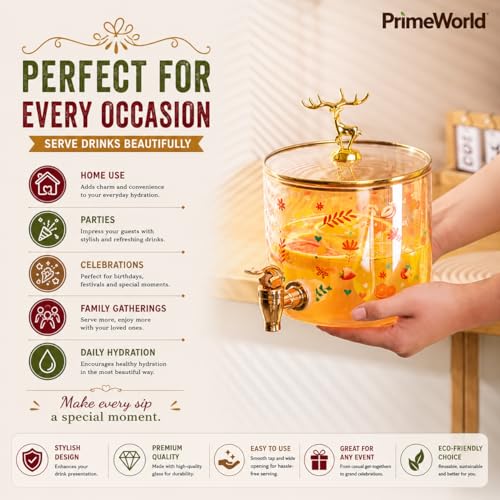 Image of PrimeWorld Glass Beverage Dispenser - 2.6 litres | Vintage Drink Dispenser Jar with Tap & Lid | Ideal for Juice, Water, Iced Tea, Lemonade & Party Beverages