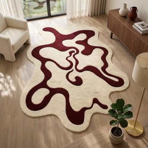 Image of Hand Tufted Wool Rug 5x7 Ft - Modern Irregular Shape Aesthetic Carpet, 1 Inch Thick Pile, Anti-Skid Backing, Soft Handmade Woolen Area Rug for Living Room, Bedroom, Hall Decor