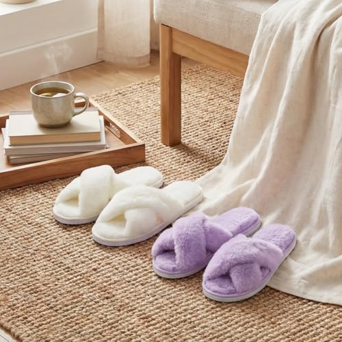 Image of Cutecrop 7 Pairs Sage Green Blue Purple Bridesmaid Slippers Women's Cross Band Fuzzy Bridal Party Slippers Bachelorette Gifts for Wedding Bridal Shower Party