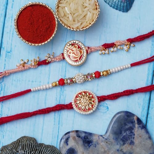 Image of eCraftIndia Set of 3 Multicolor Floral, Pearl, Ganesha Rakhis, Best Bro Ever Fridge Magnet with Roli Chawal Pack - Rakhis for Brother, Bhabhi, Kids