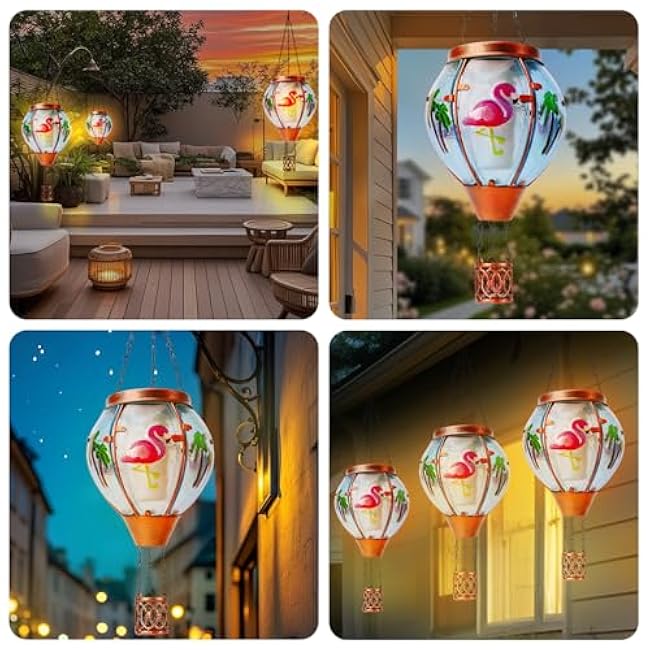 Flamingo Solar Hot Air Balloon Lantern, Outdoor Decor with Flame Lights Waterproof, Hanging Lights for Garden Yard Lawn Patio, Unique Gifts for Women Mom Grandma Gardener for Mother'Day