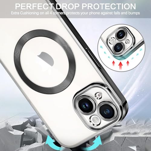 Image of VONZEE Electroplating Transparent Clear Logo Back Cover TPU for iPhone 15 Case with Magsafe, Full Body & Individual Camera Protection for Each Lens for Men & Women (Black)