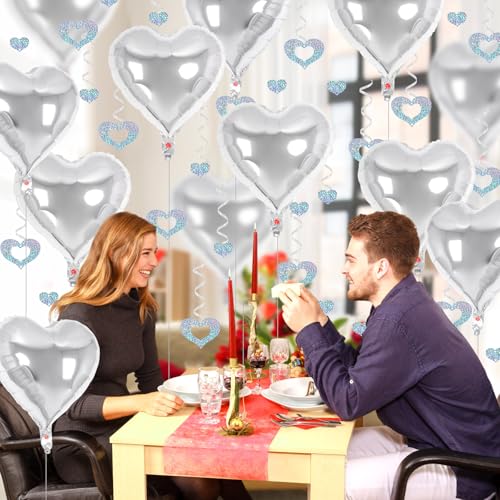 Image of 24 Pcs Silver Heart Balloons, 100 Pcs Heart Hanging Streamers, 18 Inch Heart Foil Balloons Valentine's Day Balloon Love Balloon for Valentines Day Proposal Wedding Party Decorations