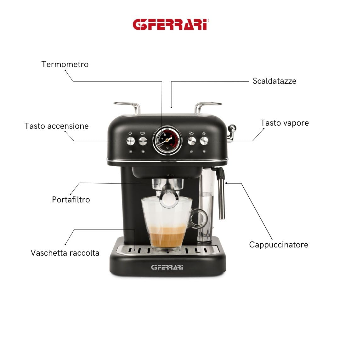 G3 Ferrari G10188 Alchimia Macchina da Caffè Espresso, 15 Bar, Compatibile con Cialde e Caffè in Polvere, Cappuccinatore, 3 Filtri INOX, Serbatoio 1.2L, Funzione Standby e Sleep, Scaldatazze