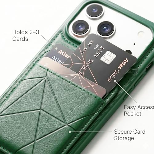 Image of amazon basics Premium Vegan Leather Back Cover with Card Holder and Integrated Mobile Stand for iPhone 17 Pro Max - Slim Shockproof Wallet Case with Geometric Stitching [Green]