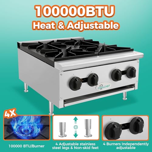 Image of 24-Inch 4-Burner 100000 Total BTU Hot Plate, Commercial Gas Stove - Dual Fuel Propane & Natural Gas - Heavy Duty Stainless Steel Range