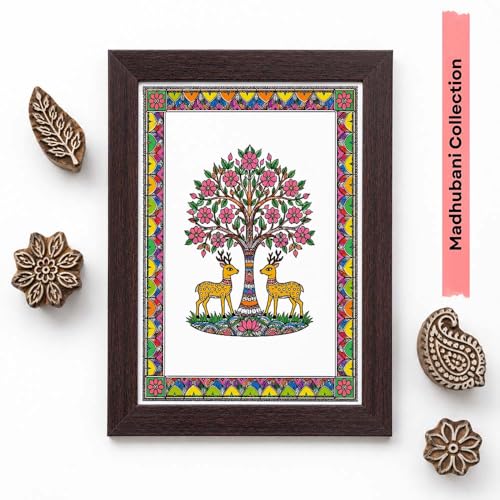 Image of PAPER PAJAMA Deer Pair Under Tree Wall Art for Living Room | Madhubani Tree of Life Painting | Traditional Mithila Folk Art Framed Decor for Home, Bedroom & Office (10x13 Inches)