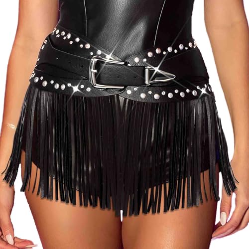 COSYDAYS Black Leather Fringe Belt Cowgirl Leather Tassel Skirt Rave Halloween Waist Belts Accessories for Women
