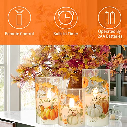 Image of Glass Flameless Candles Flickering Battery Operated with Remote Pumpkin Theme Farm House Realistic Pillar Candle for Fall Decor Havest Celebration Home Party, Set of 3