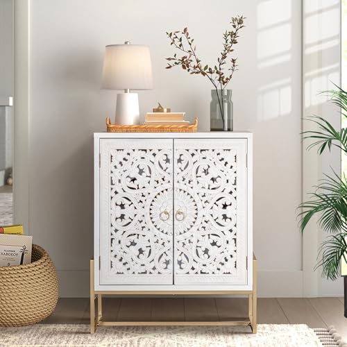 PHI VILLA White Accent Cabinet Storage Cabinet with Doors Buffet Cabinet Pantry Cabinet Sideboard for Dining Room Hollow Carved