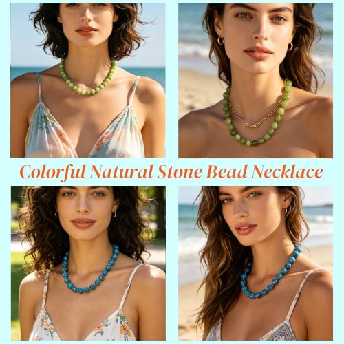 Image of GINAZL Natural Stone Beaded Choker Necklace for Women, Chunky Multicolor Gemstone Handmade Necklace, Boho 12MM Bead Summer Beach Jewelry Gifts for Women