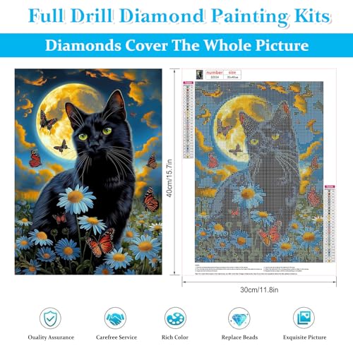 Image of HEIBAGO Black Cat Diamond Art Kits for Adults, Animal Diamond Painting Kits for Adults Beginners, 5D Full Drill Round Moon Diamond Art Painting, DIY Diamond Dots for Adult for Home Wall Decor 12x16 In