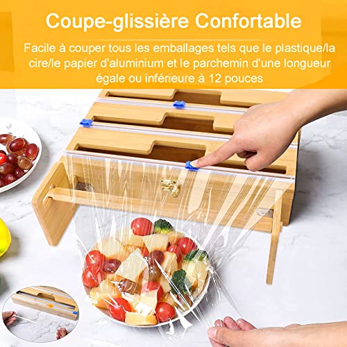 Dozownik folii z tworzywa sztucznego z obcinaczem – folia 4 w 1 i organizer do owijania z tworzywa sztucznego z uchwytem na ręczniki papierowe, bambusowe rozwiązanie do przechowywania w kuchni na
