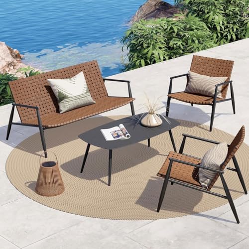 Shally Dogan Set Patio 4 Pezzi da Giardino con Seduta Design Intrecciato in Polyrattan e Tavolo con Piano Vetro, Salotto da Esterno, Salottino per Bar, Ristorante, Patio, Bistrot, Terrazzo (4 Posti)