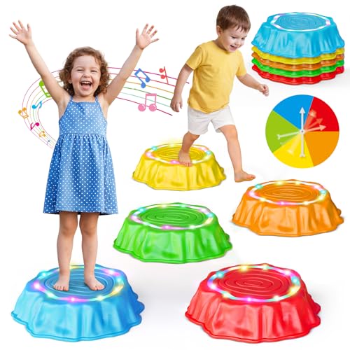 Jofuni Leuchtende Balanciersteine für Kinder mit Musik 5er Stapelbare Balance Steine für Indoor & Outdoor Stapelsteine Motorikspielzeug Gleichgewichtstrainer für Kleinkinder ab 2 3 4 5 6 Jahre