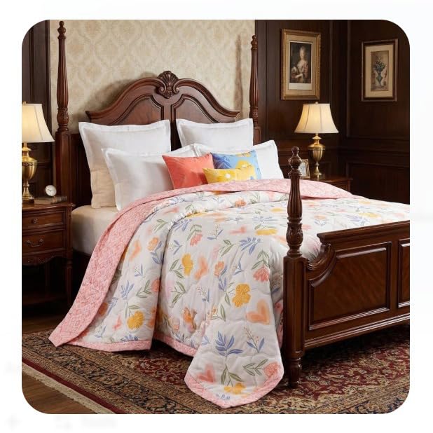 Image of Summer Blanket 100% Cotton Reversible Ac Comforter and Cooling | Classic Printed Design | Quilt | Dohar Single /Double Bed Quilt Ideal for Gifting (Pink, Single)