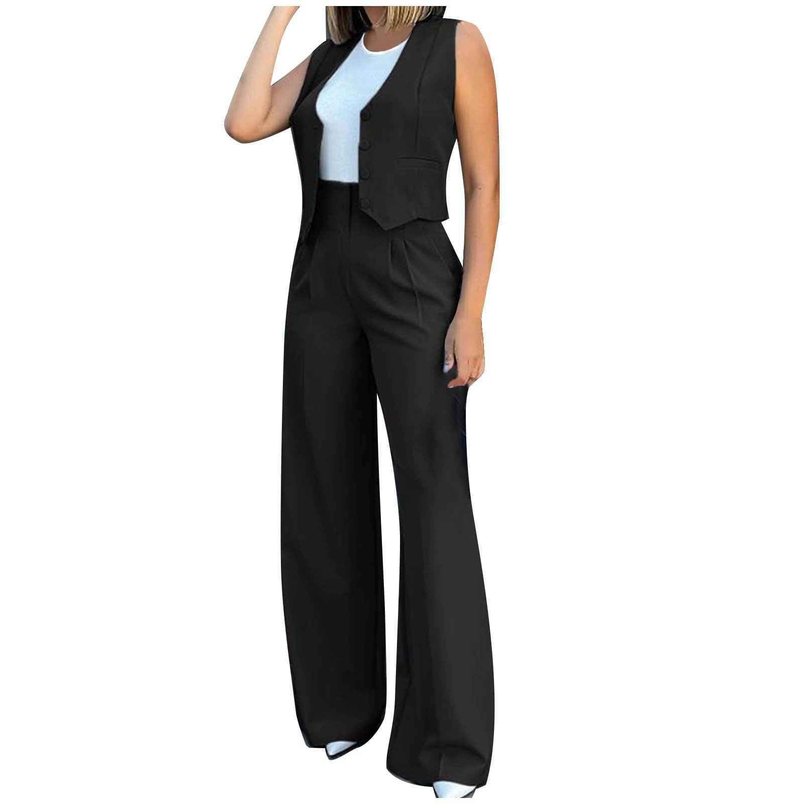 Generisch Traje de pantalón de mujer de 2 piezas con cuello en V chaleco sin mangas blazer y pantalones anchos elegante atuendo de negocios para oficina y boda