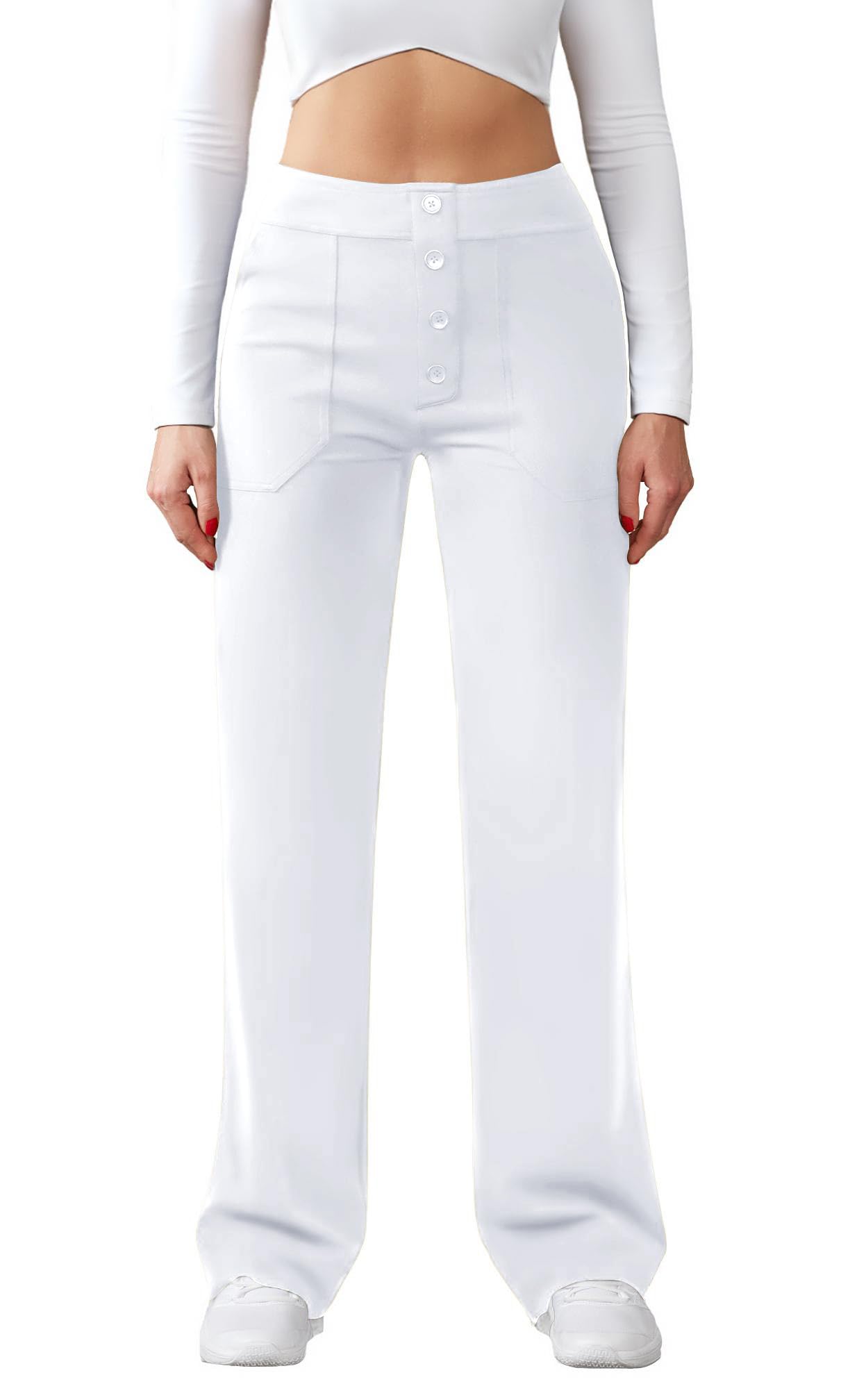 Friptspyg Hose Damen Hohe Taille Weite Hose Knopf Gerades Bein Hose Casual Arbeit Hose Stretch Yogahose mit Taschen