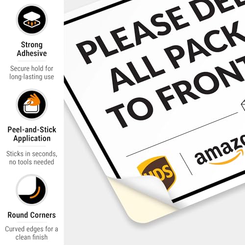 Image of Package Delivery Sign, Delivery Instructions Deliver All Package to Front Door Sign, 10x7 Inches, 4 Mil Vinyl Decal Stickers Weather Resistant, Made in USA