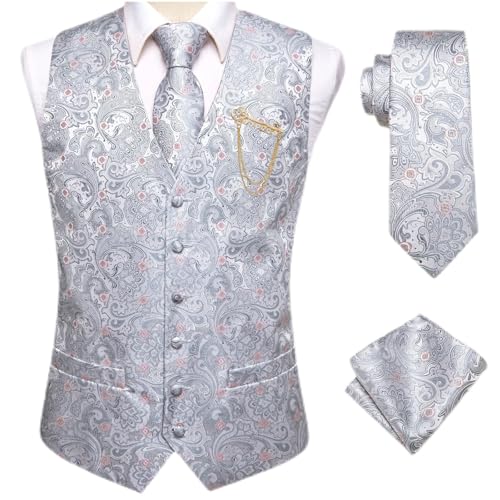 Men’s Navy Blue Paisley Silk Vest with Tie Classic Textured V-Neck Waistcoat for Wedding, Business, or Formal Party