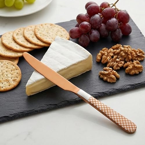 Image of 9 inch Rosegold Steak Knives Set of 5 with Checks Printed Handle ? Durable Stainless Steel Dinner Knife, Mirror Polished Silverware, Perfect for Home, Restaurant, and Gifting