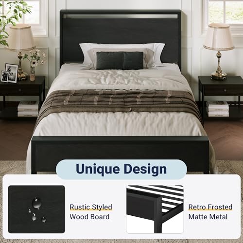 Image of Allewie Twin Size Bed Frame, Heavy Duty 12 Metal Slats Support, Black Oak
