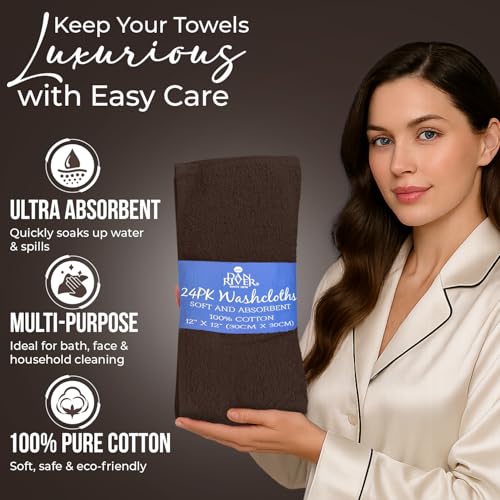 Image of DAN RIVER 24 Pack Wash Cloths for Showering [12x12] - 100% Cotton Washcloths Premium Quality Flannel Face Cloths for Bathroom, Highly Absorbent and Soft Feel Wash Clothes, Brown