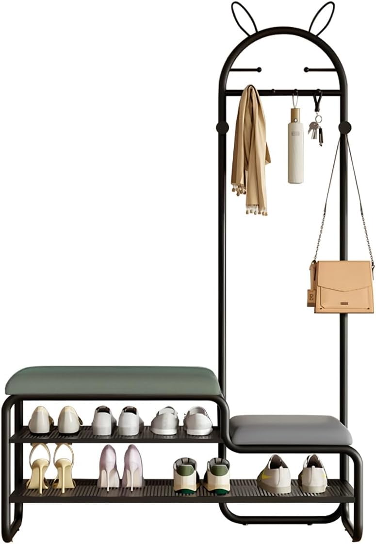 4 in 1 Hall Tree with Shoe Storage Bench & Coat Rack, 6 Metal Hooks, Small Cute Side Bench with Shelves & Padded Cushion, Ideal for Hallway, Mudroom, Bedroom (Grey, 80cm)