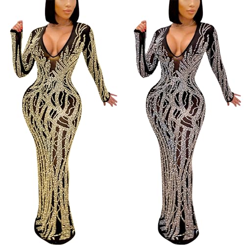 Image of PORRCEY Sexy Elegant Rhinestone Dress for Women Mesh See Through Bodycon Birthday Cocktail Party Club Night Evening Gowns