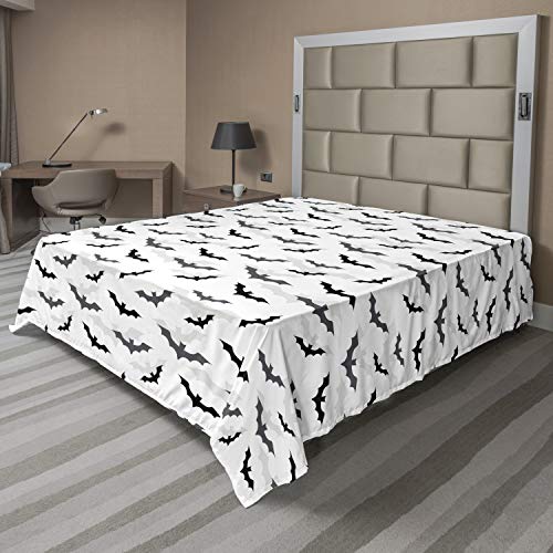 Lunarable Goth Flat Sheet, Halloween Concept Silhouette of Flying Bats and Shadows Pattern, Soft Comfortable Top Sheet Decorative Bedding 1 Piece, King Size, Charcoal Grey