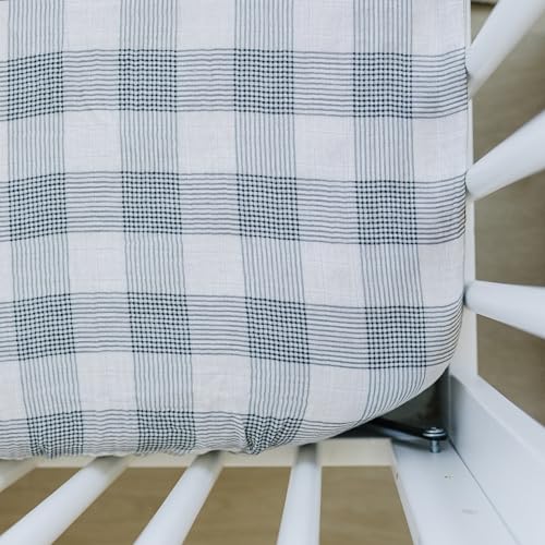 Image of Coastal Plaid Muslin Crib Sheet by Mebie Baby, Soft and Breathable Bed Sheets for Babies, Modern Neutral Bedding for Cribs, Standard Crib Mattress Fitted Sheet, Great for Boy or Girl Room or Nursery