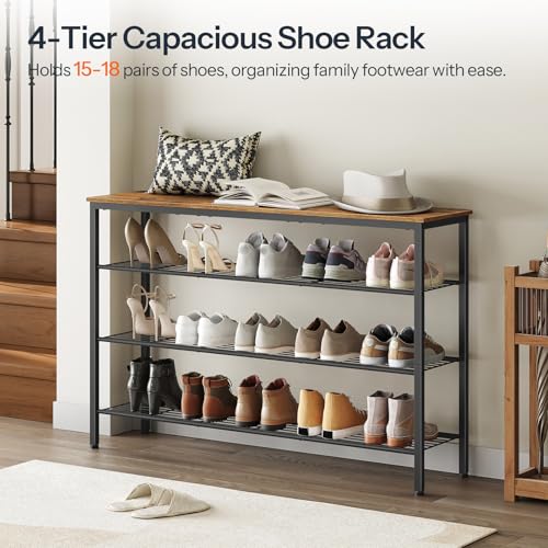 HOOBRO Shoe Rack, 4-Tier Shoe Storage Organizer, Shoe Shelf with Metal Mesh Shelves for 24 Pairs of Shoes, for Closet, Entryway, Hallway, Living Room, Bedroom, Rustic Brown and Black BF170XJ01 - Image 5