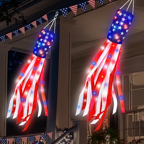 2 Pack 50 Inch Large American Flag Windsock with Lights 4th of July Decorations, 250th Anniversary USA Patriotic Fourth of July Outdoor Decor, Red White Blue Star Stripes Memorial Day Independence Day