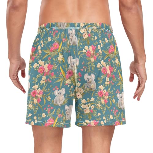Koala Flowers Retro Green Mens Beach Shorts Men 2 in 1 Board Shorts Phone Pocket Lightweight S2