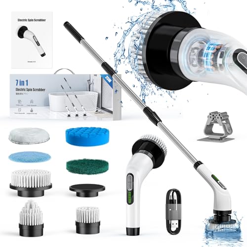 Image of Electric Spin Scrubber Cordless ​Shower Cleaner Bathroom Cleaning Brush Scrubbing with Tool Free Adjustable Extension Arm for Tub Tile Floor and 7 Replaceable Heads for Kitchen Floor (White-Black)