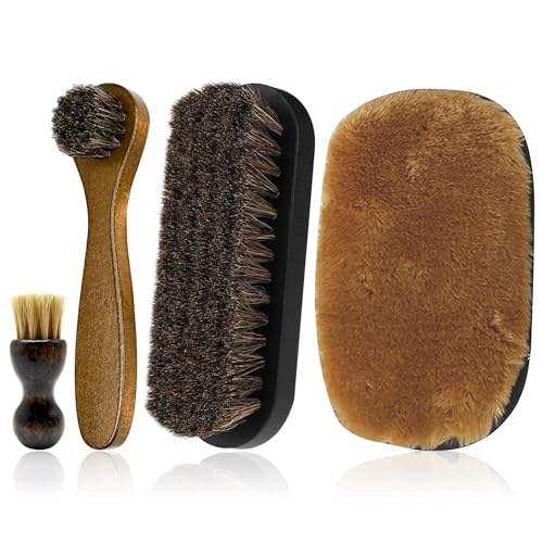 Shoe Brush, Boot Brush, 4PCS Shoe Cleaning & Polishing Kit - Horsehair Brushes + Plush Glove for Suede, Leather Shoes, Boots, Bags, Furniture, Car Seats (Stain Removal & Care)