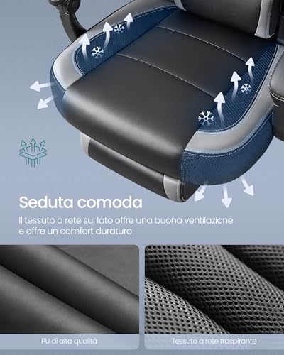 Sedia Gaming, Sedia Ufficio Scrivania, Ergonomico, con Poggiapiedi, Poggiatesta Regolabile, Cuscino Lombare, Portata 150 kg, Grigio e Nero OBG77BG - Sedia gaming - Immagine 3