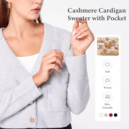 Image of Simple&Opulence Women's Cashmere Cardigan Sweater, Cashmere Long Sleeve V Neck Open Front Cardigan with Pocket