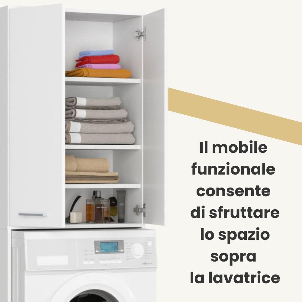 AKORD | Armadio Pensile per Lavatrice FIN 180 | Armadio di trasformazione con 2 Ante, 4 Ripiani | Archivio per bagno | Cassettiera per lavatrice | 64x180x30 cm | Bianco + Bianco Frontale