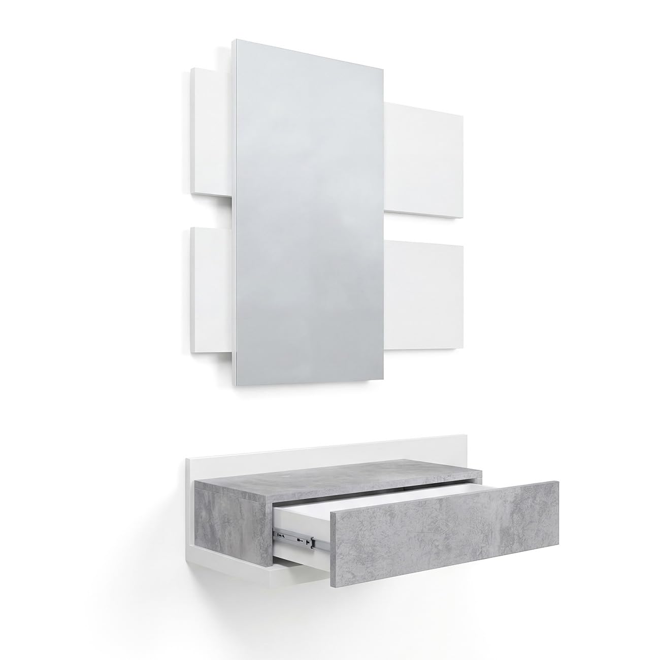 duehome | Recibidor con cajón y Espejo, Mueble de Entrada, Modelo Milo, Acabado en Blanco Artik y Cemento, Medidas: 75 cm (Largo) x 29 cm (Fondo) x 116 cm (Alto)