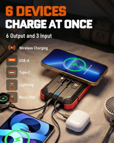 Image of Solar Charger Power Bank - 49800mAh Solar Phone Charger with USB-C in /Output, QC 3.0 Fast Charging with LED Flashlight, Built-in 4 Cables, IP65 Waterproof Fits for Outdoor (Flash Red)