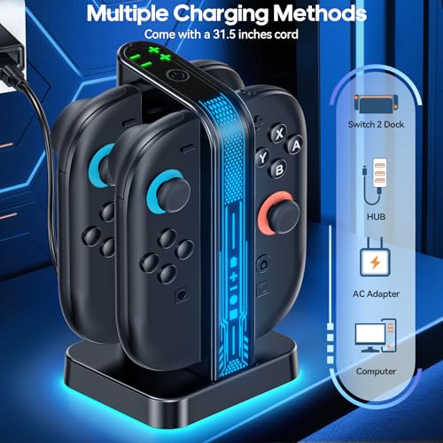 Image of Switch 2 Controller Charger Dock for 2025 Nintendo Switch 2 JoyCon, 2.5H Fast Magnetic Charging Station with LED RGB & Indicator, Compact Joy-Con 2 Detachable Charging Accessories with Cable Protector