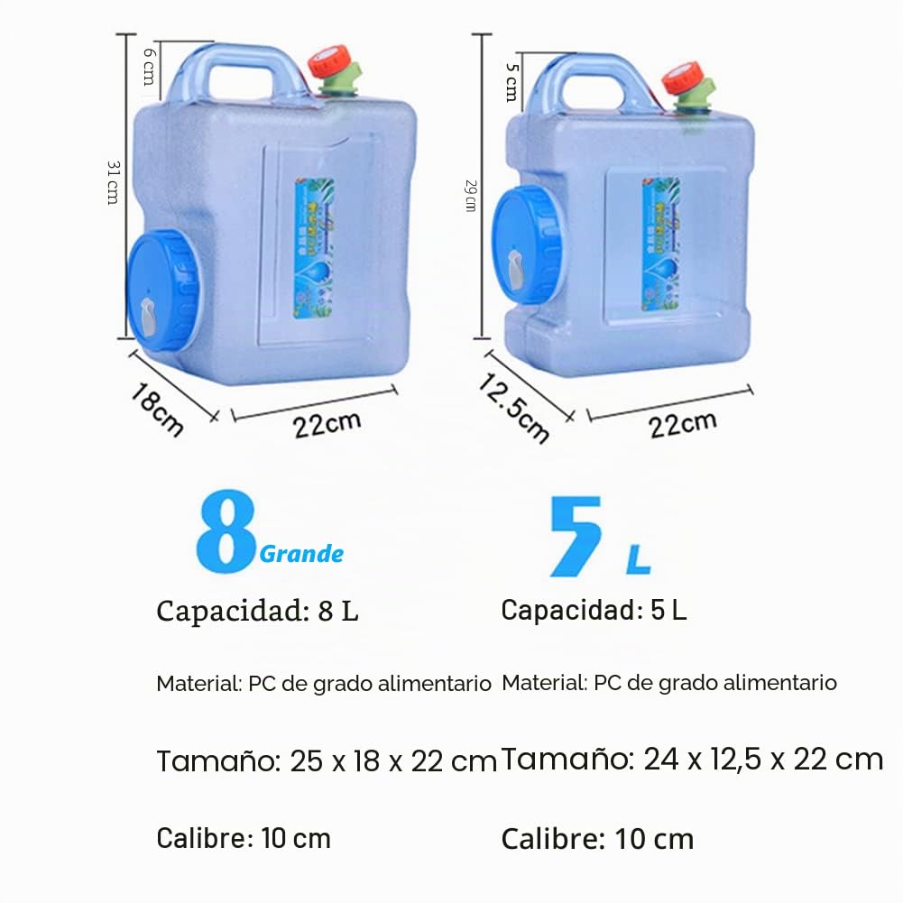 Agua con Grifo, 5L/8L Tanque Almacenamiento Agua, Contenedor Agua Portátil, Recipiente Agua con Asas, Depósito Agua para Camper Viajes Camping Senderismo Caravana Picnic