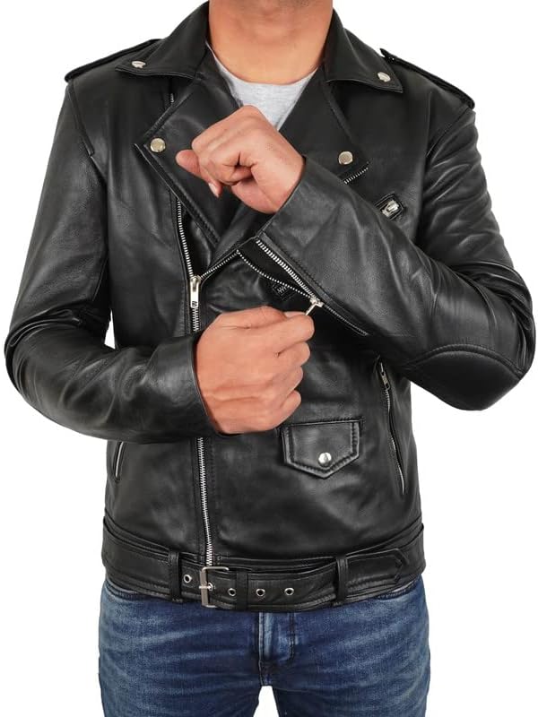 Vista 2 de SpazeUp Men's Black Genuine Lambskin Leather Jacket - Asymmetrical Brando Style Mens Casual Real Leather Jacket