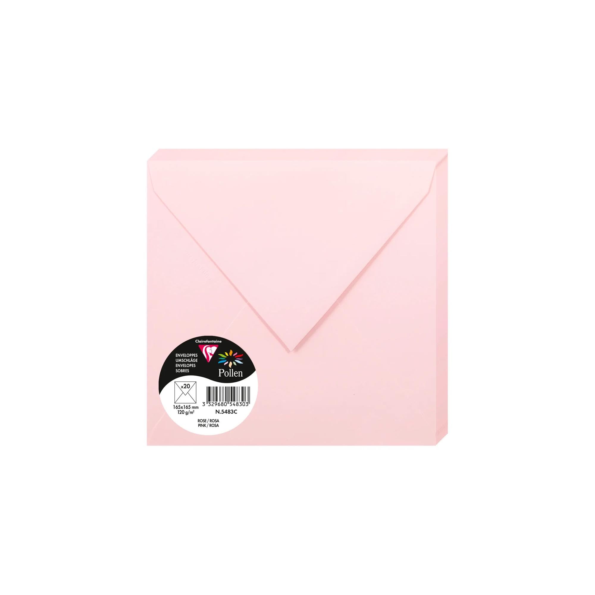 Clairefontaine 5483C Pack of 20 Gummed Envelopes Square Format 16.5x16.5cm 120g/m² Pink Invitation Events and Correspondence Pollen Range Premium Smooth Paper
