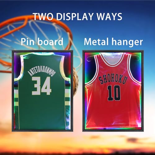 Image of Grintus Jersey Frame Display Case,Lockable with Colorful Led Lights Display Box for Jersey Display with UV Protection Acrylic and Hanger for Baseball Basketball Football Hockey Sport Shirt,Black