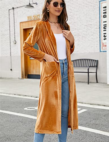 Image of Women's Long Velvet Cardigan Jacket Lapel Collar Open Front Vintage Cardigan Sweater with Pocket