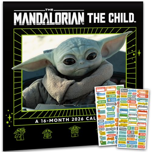 Star Wars Grogu Calendario 2025 – Paquete de calendario de pared de lujo 2025 Mandalorian Baby Yoda con más de 100 calcomanías de calendario (regalos mandalorianos The Child, suministros de oficina)